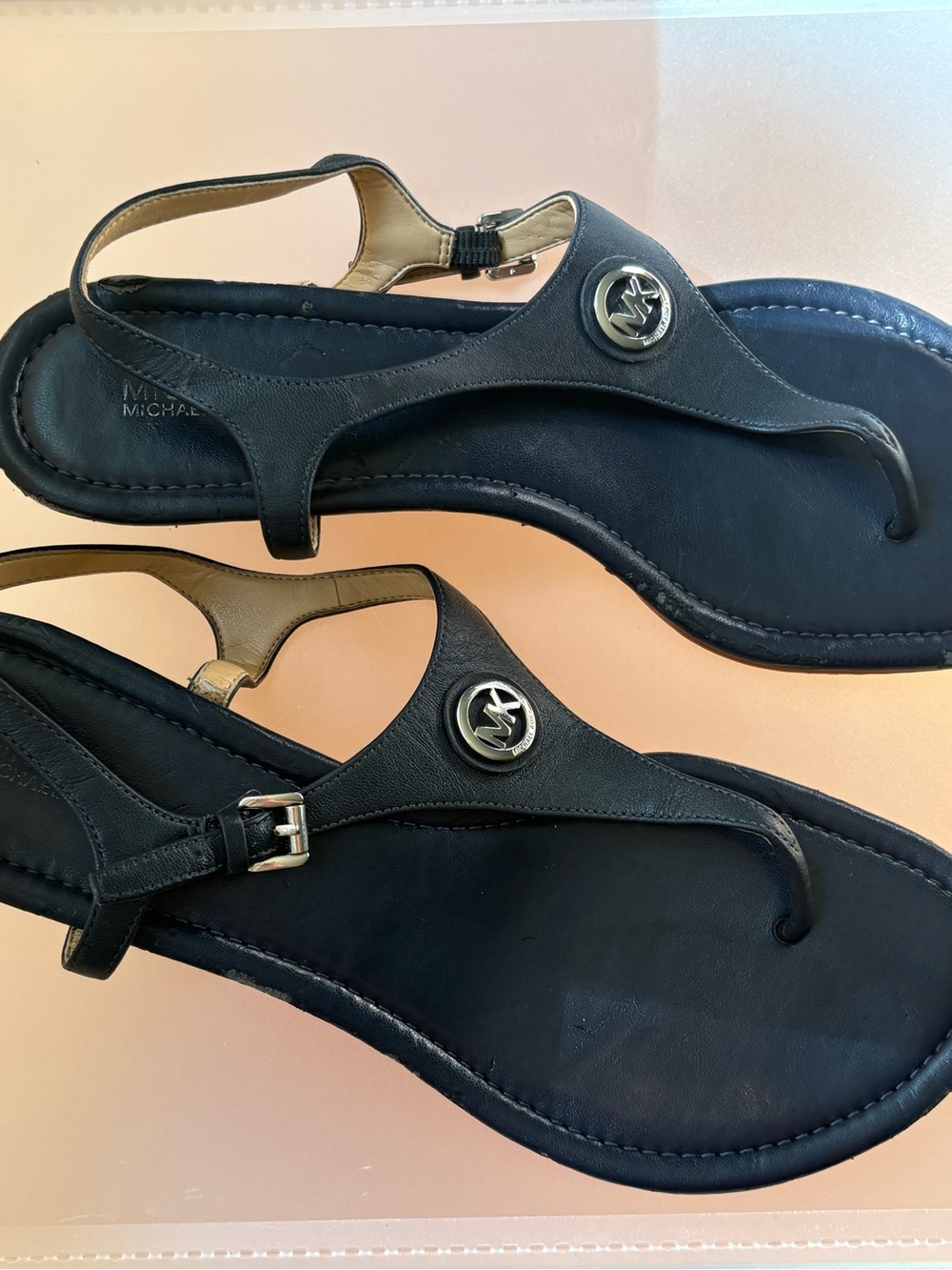 Michael Kors Navy Blue Leather Thong Sandals Women’s Size 10M Wedge Heel - Picture 5 of 14